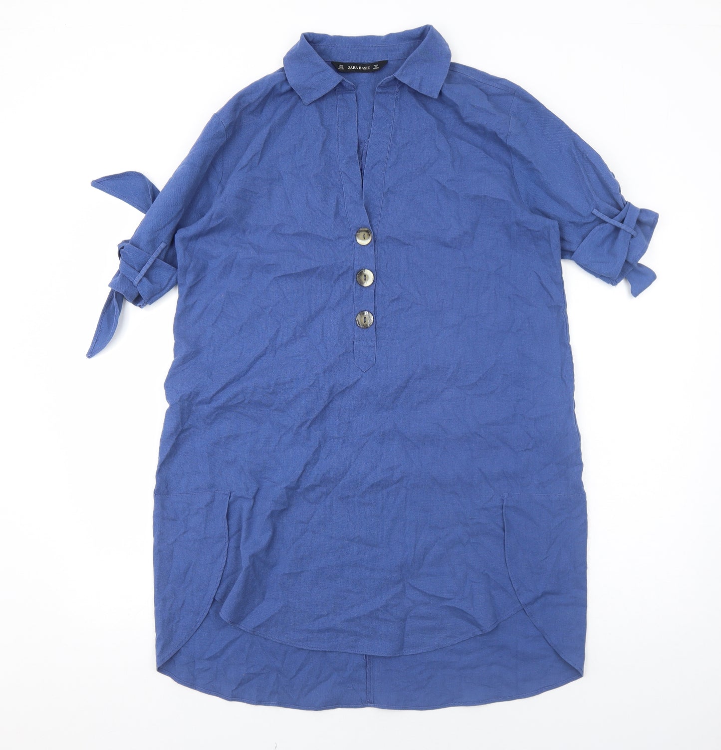 Zara Womens Blue Cotton Shirt Dress Size L Collared Pullover