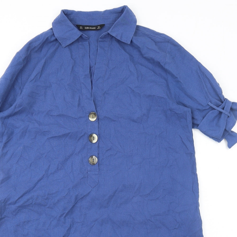 Zara Womens Blue Cotton Shirt Dress Size L Collared Pullover