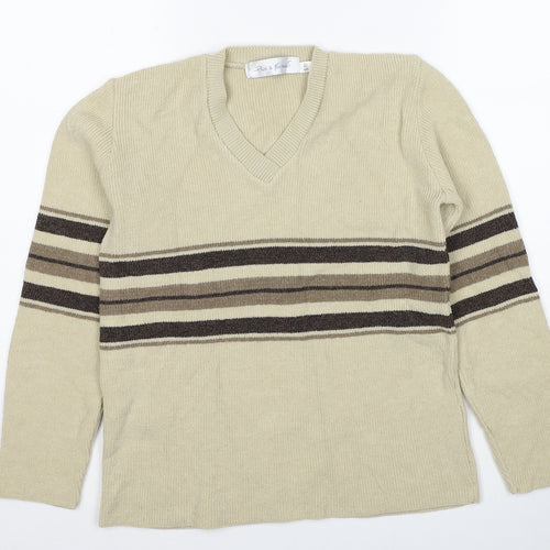 Pure & Natural Womens Beige V-Neck Striped Acrylic Pullover Jumper Size S