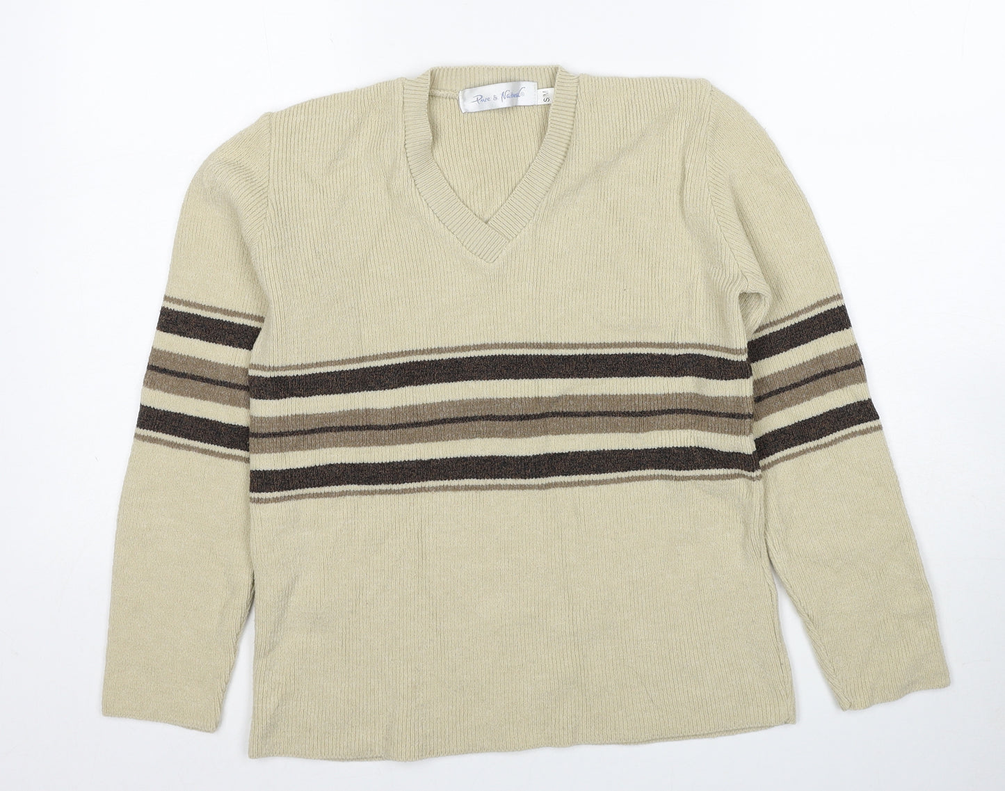Pure & Natural Womens Beige V-Neck Striped Acrylic Pullover Jumper Size S