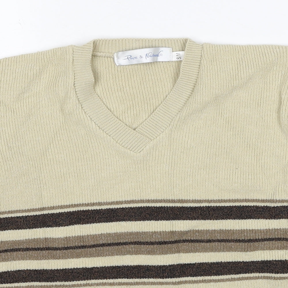 Pure & Natural Womens Beige V-Neck Striped Acrylic Pullover Jumper Size S