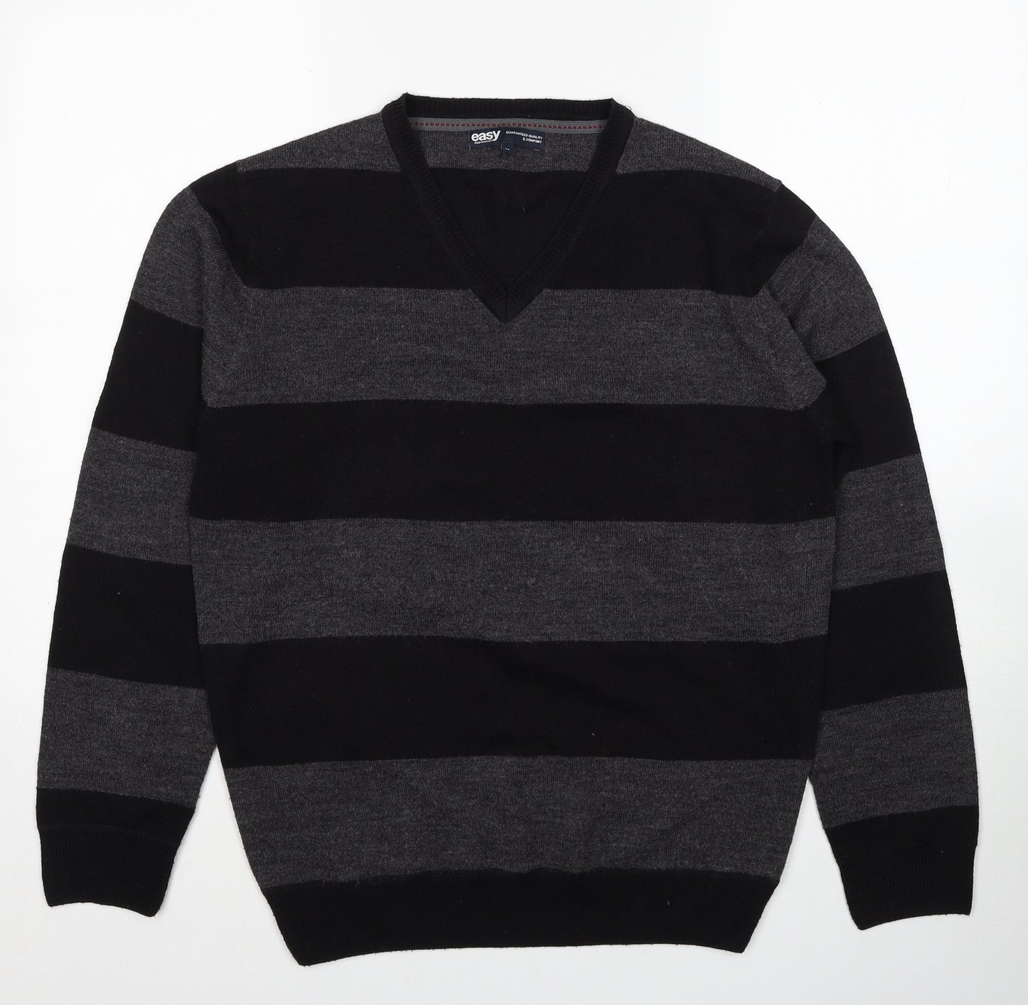 Easy Mens Black V-Neck Striped Acrylic Pullover Jumper Size M Long Sleeve