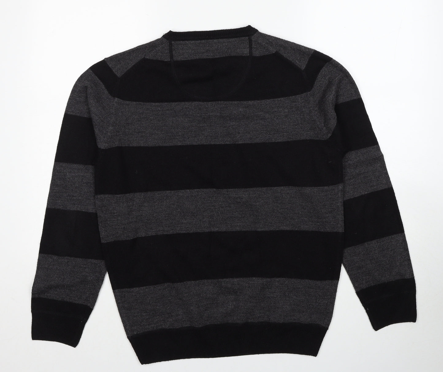 Easy Mens Black V-Neck Striped Acrylic Pullover Jumper Size M Long Sleeve
