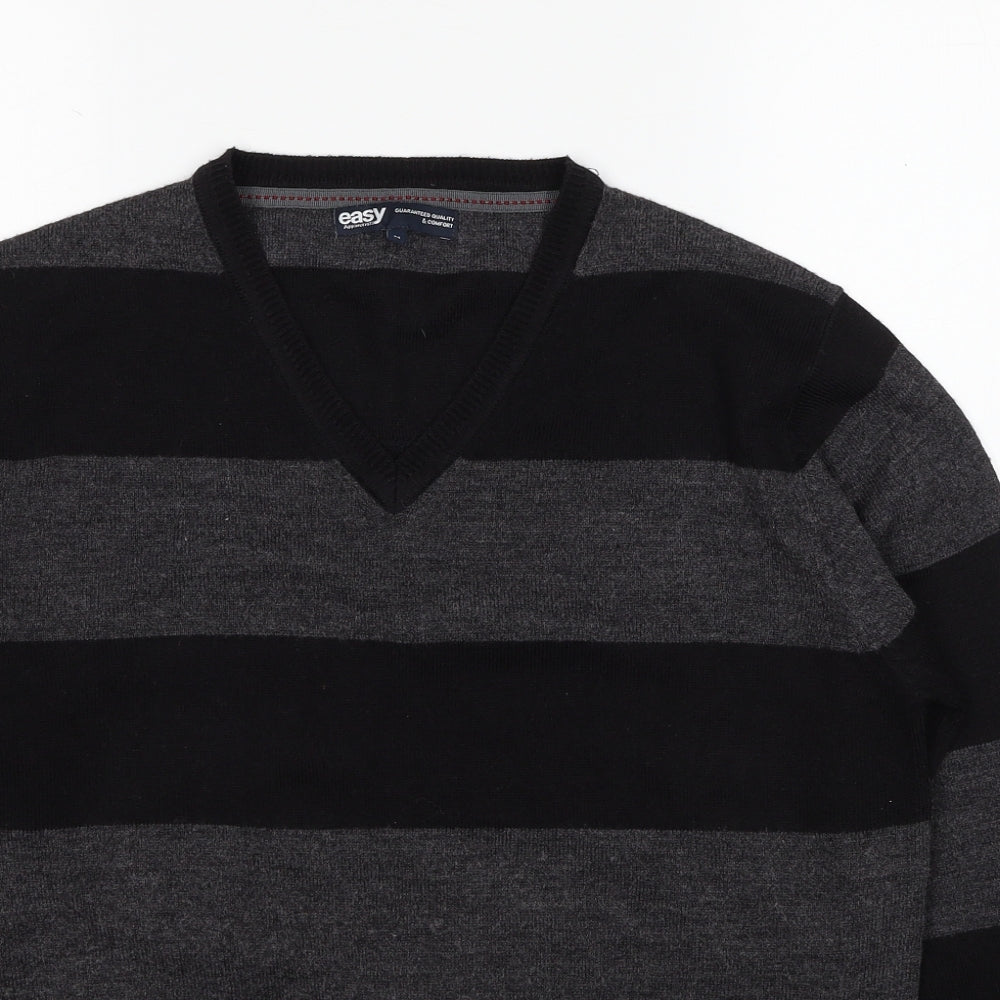 Easy Mens Black V-Neck Striped Acrylic Pullover Jumper Size M Long Sleeve