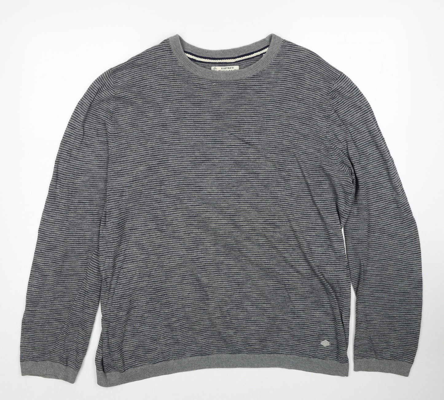 Esprit Mens Grey Round Neck Striped Cotton Pullover Jumper Size 2XL Long Sleeve