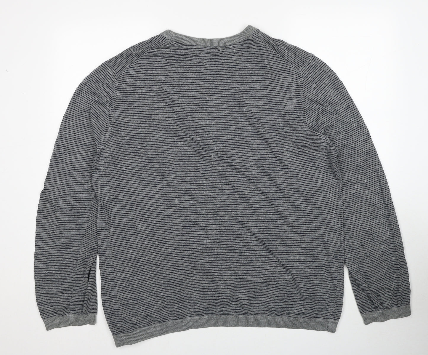 Esprit Mens Grey Round Neck Striped Cotton Pullover Jumper Size 2XL Long Sleeve