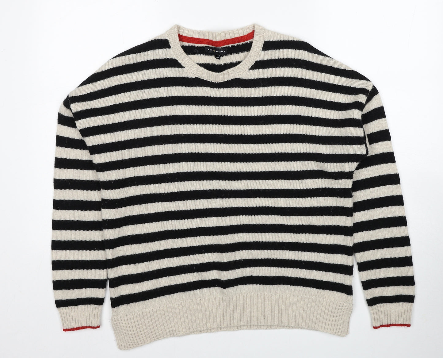 Mercer & Madison Womens Black Round Neck Striped Wool Pullover Jumper Size 14