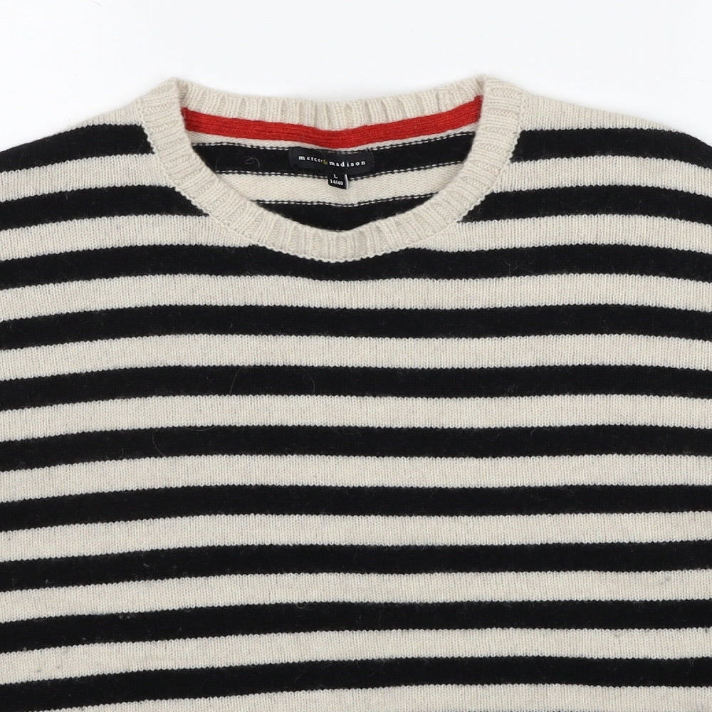 Mercer & Madison Womens Black Round Neck Striped Wool Pullover Jumper Size 14