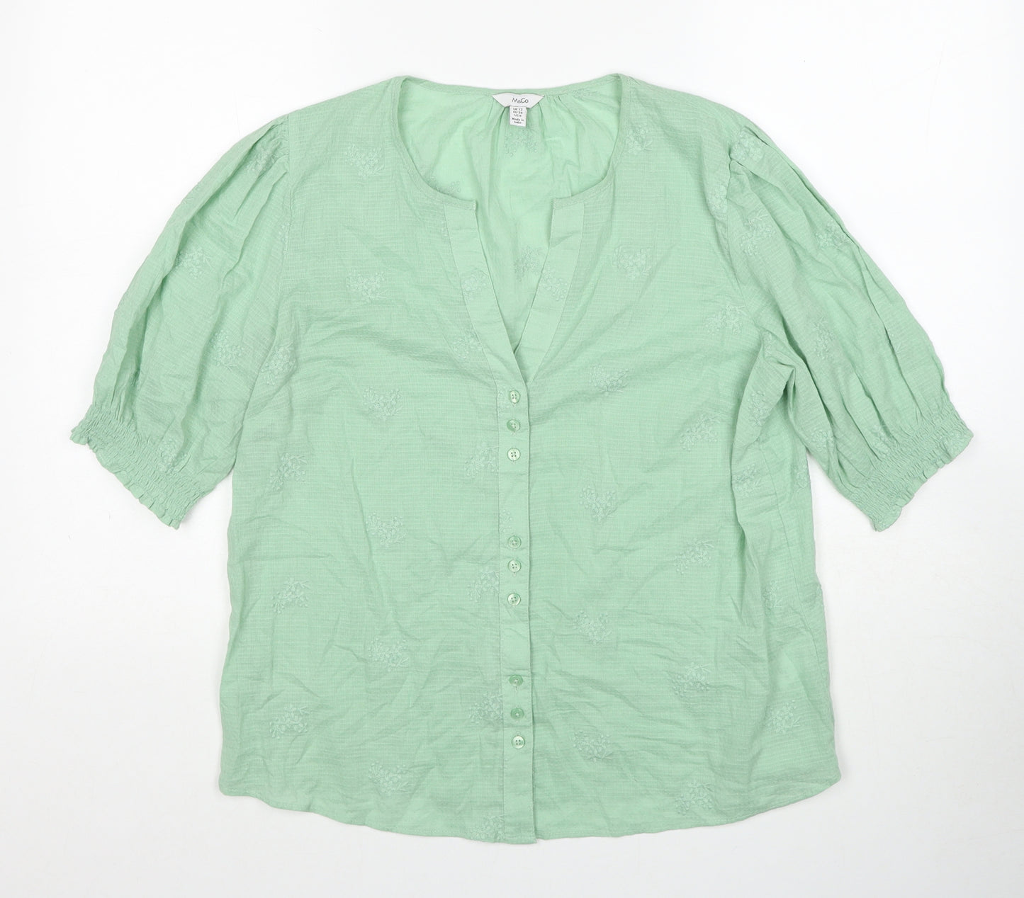 M&Co Womens Green Cotton Basic Button-Up Size 12 V-Neck