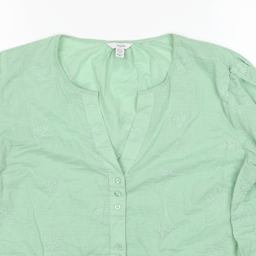M&Co Womens Green Cotton Basic Button-Up Size 12 V-Neck