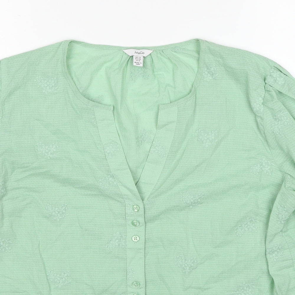 M&Co Womens Green Cotton Basic Button-Up Size 12 V-Neck