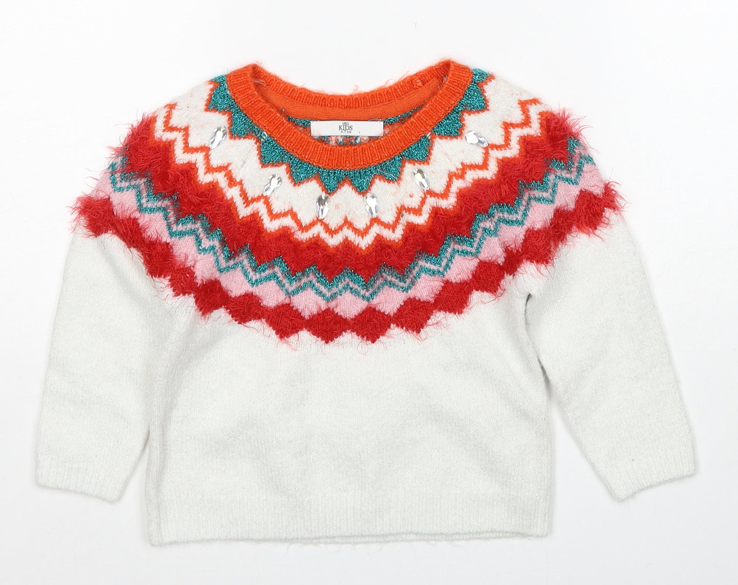 Marks and Spencer Girls Multicoloured Round Neck Geometric Acrylic Pullover Jumper Size 6-7 Years Pullover - Christmas Jumper