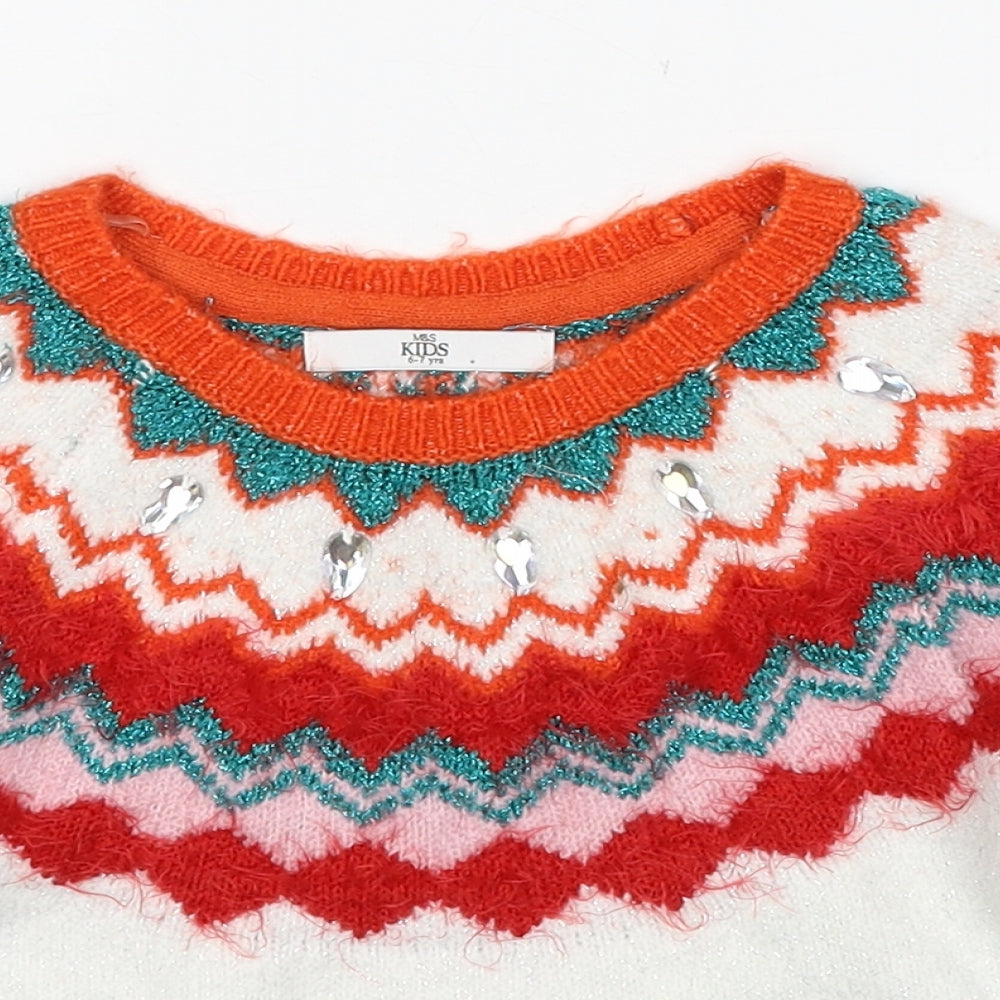 Marks and Spencer Girls Multicoloured Round Neck Geometric Acrylic Pullover Jumper Size 6-7 Years Pullover - Christmas Jumper