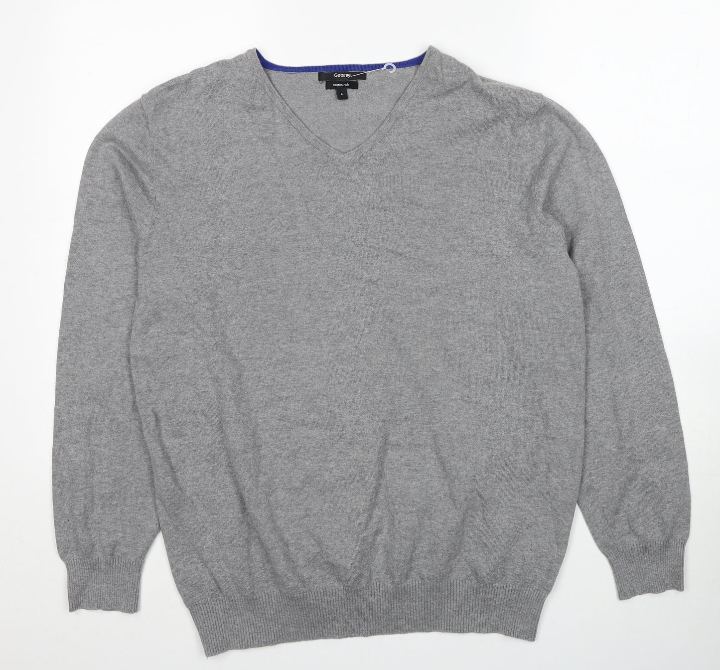 George Mens Grey V-Neck Cotton Pullover Jumper Size L Long Sleeve