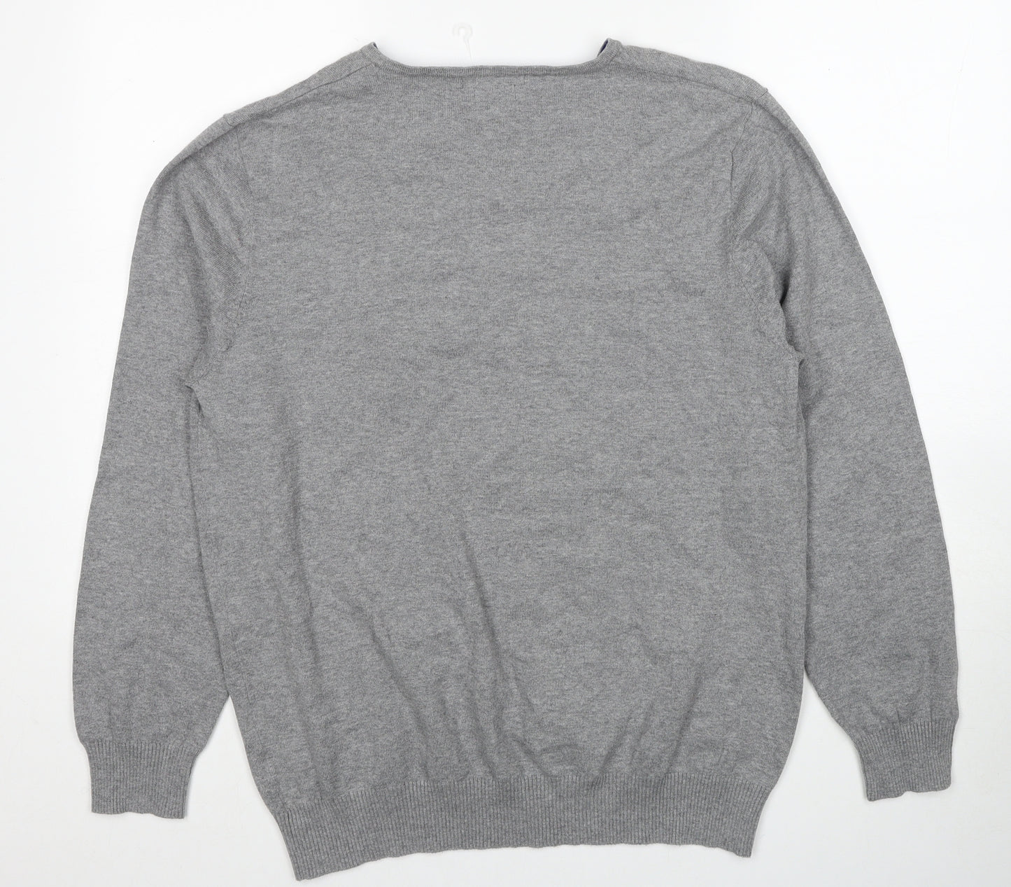 George Mens Grey V-Neck Cotton Pullover Jumper Size L Long Sleeve