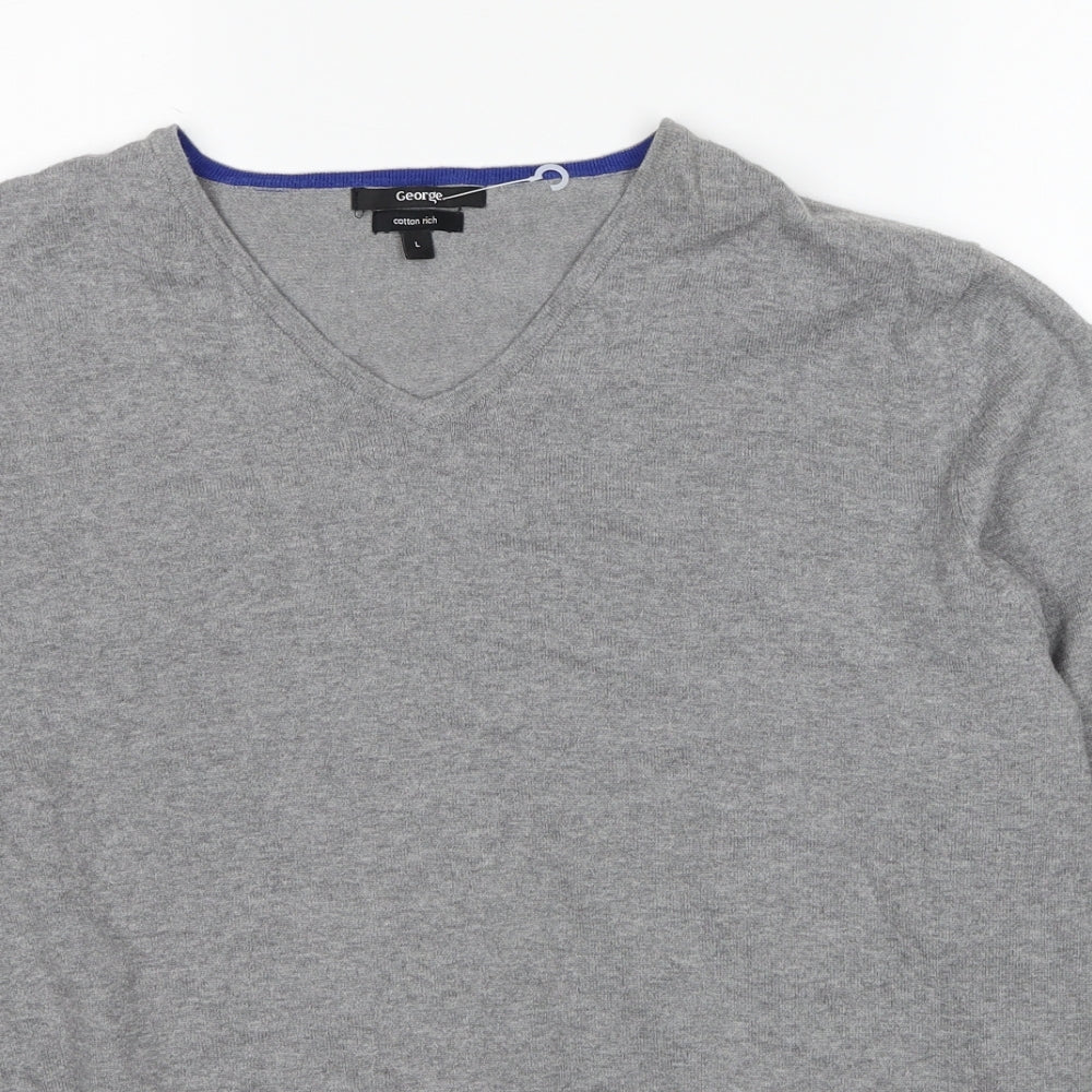 George Mens Grey V-Neck Cotton Pullover Jumper Size L Long Sleeve