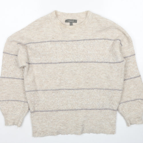Oasis Womens Beige Round Neck Striped Acrylic Pullover Jumper Size S