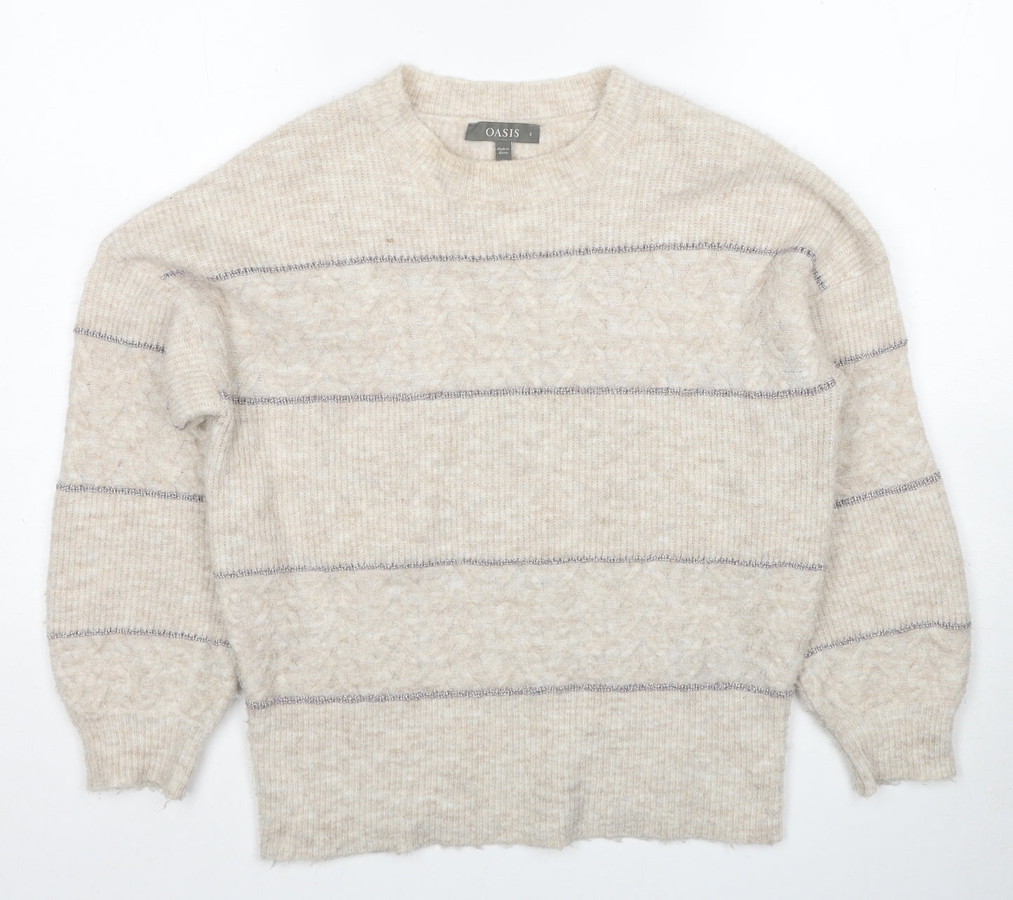 Oasis Womens Beige Round Neck Striped Acrylic Pullover Jumper Size S