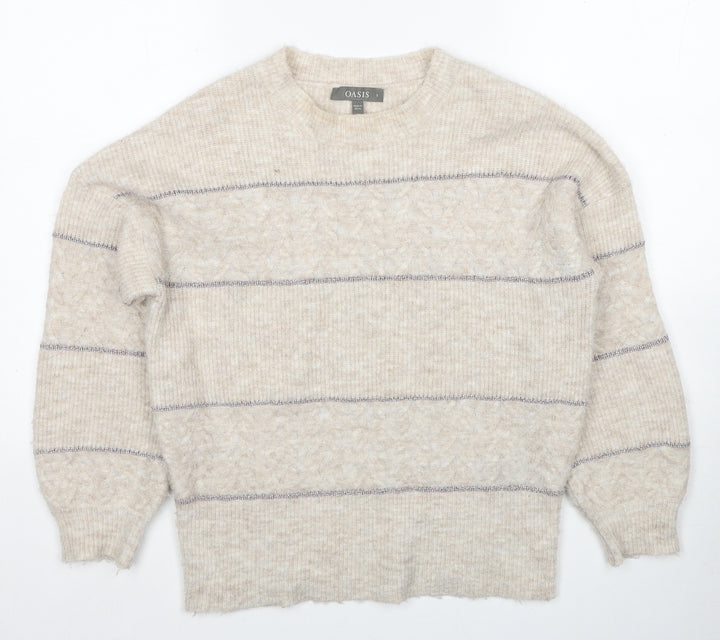Oasis Womens Beige Round Neck Striped Acrylic Pullover Jumper Size S
