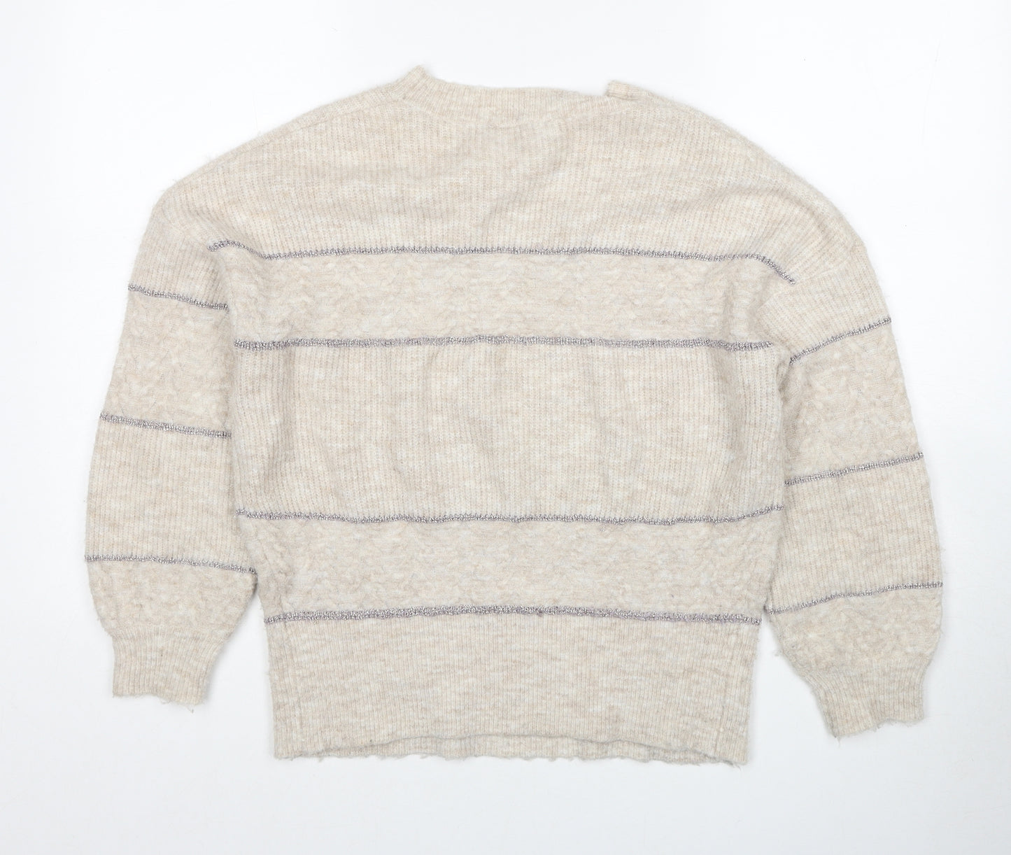 Oasis Womens Beige Round Neck Striped Acrylic Pullover Jumper Size S