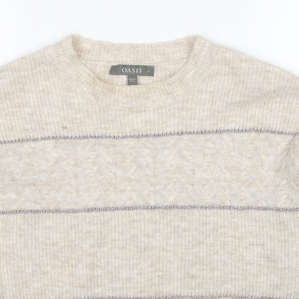 Oasis Womens Beige Round Neck Striped Acrylic Pullover Jumper Size S
