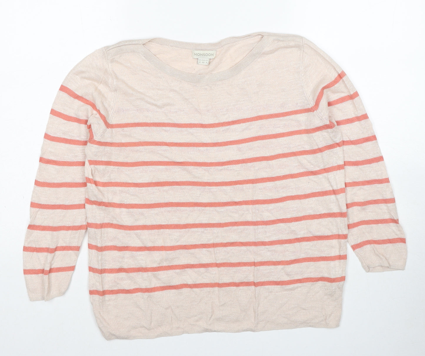 Monsoon Womens Beige Boat Neck Striped Linen Pullover Jumper Size 12