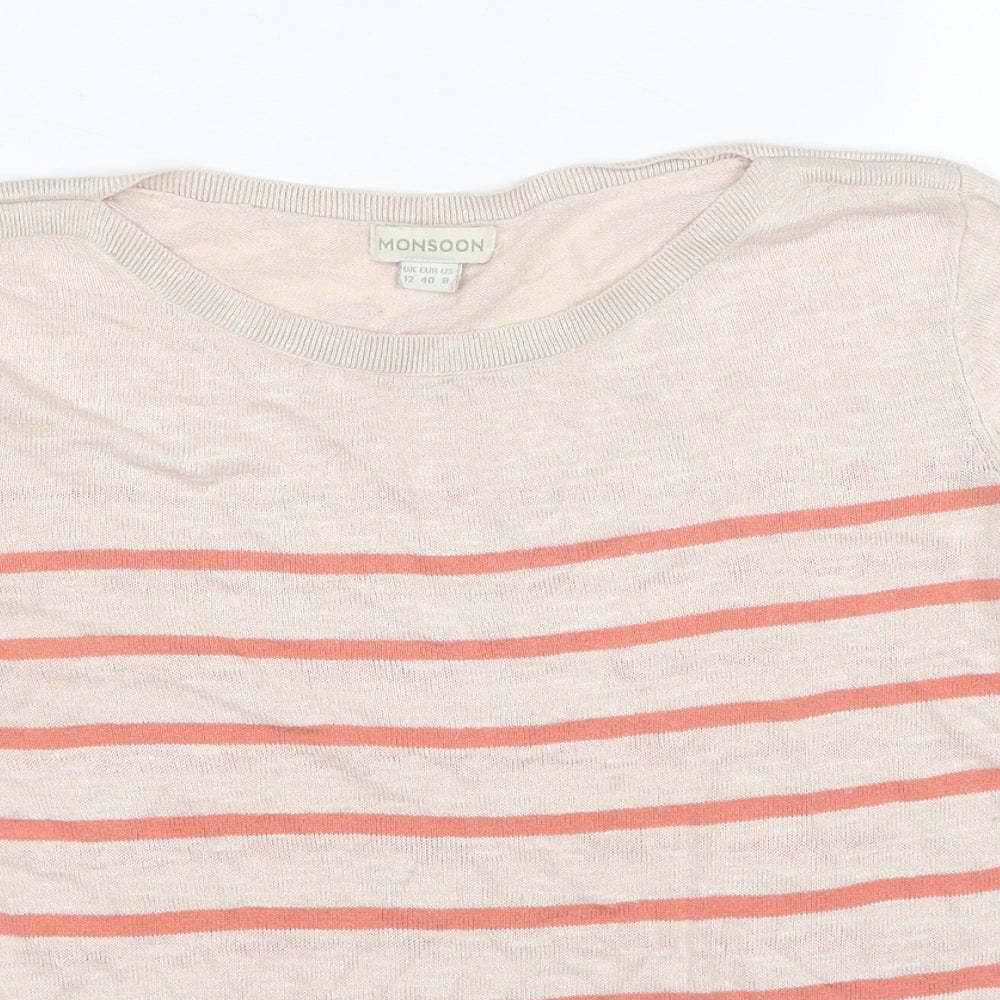 Monsoon Womens Beige Boat Neck Striped Linen Pullover Jumper Size 12