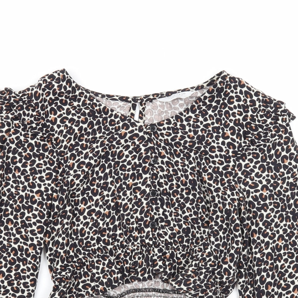 Primark Girls Multicoloured Animal Print Viscose Basic Blouse Size 8-9 Years V-Neck Button - Leopard Print