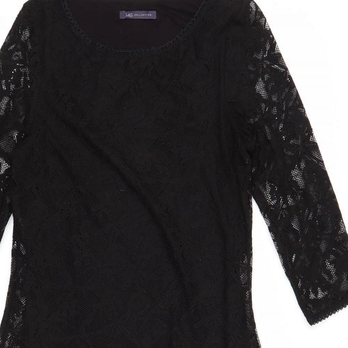 Marks and Spencer Womens Black Floral Polyester A-Line Size 10 Round Neck Pullover