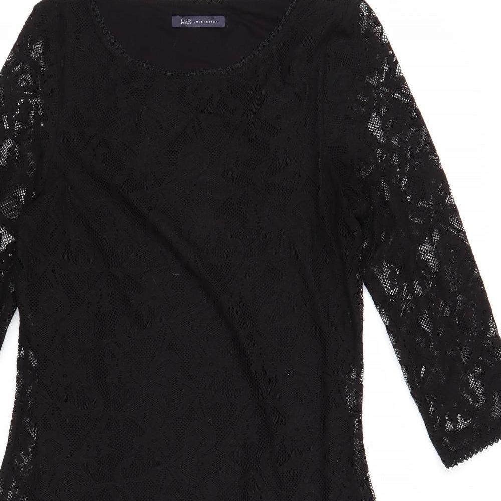 Marks and Spencer Womens Black Floral Polyester A-Line Size 10 Round Neck Pullover