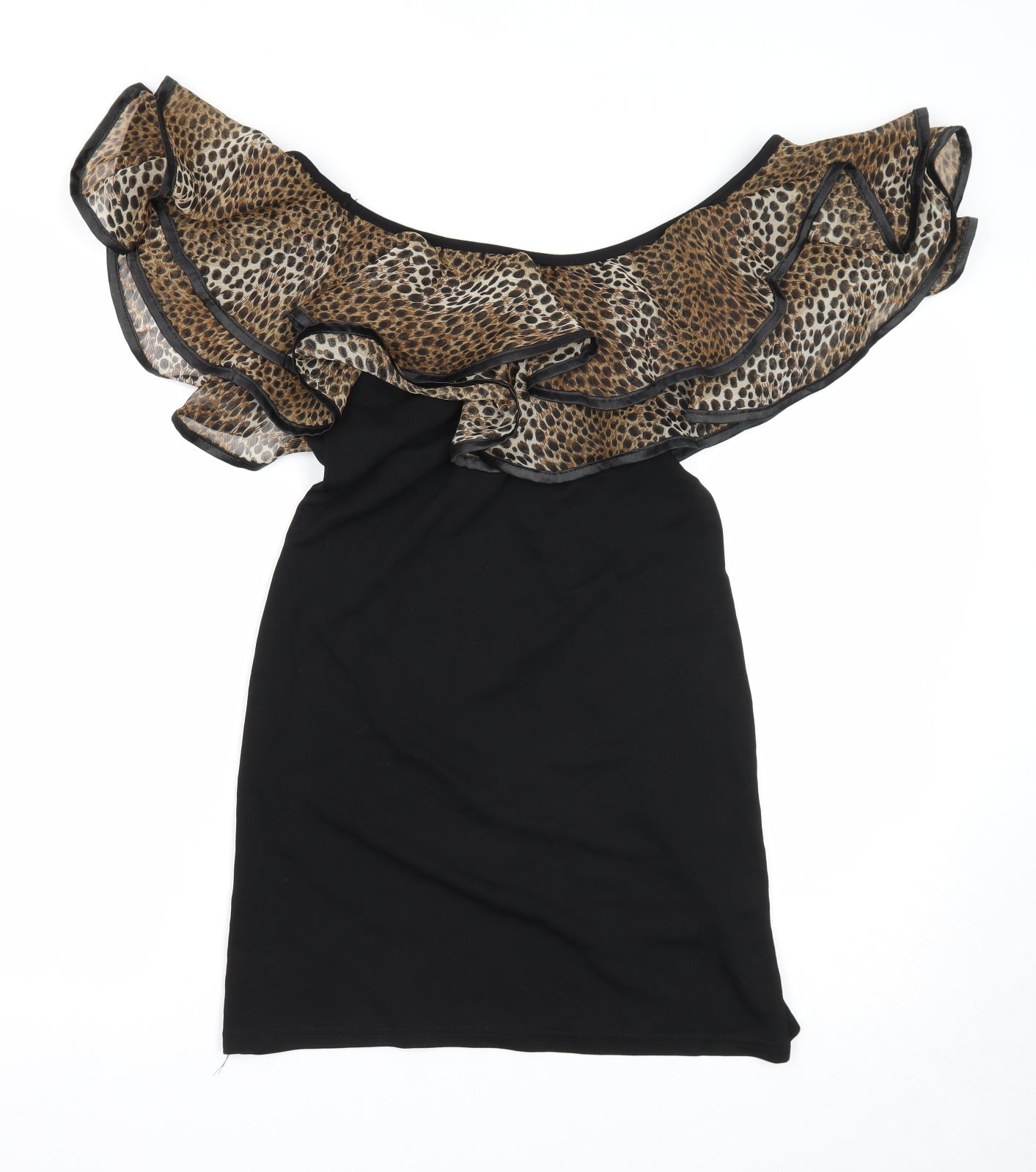 Cutie Womens Black Animal Print Viscose Bodycon Size M Off the Shoulder Pullover - Leopard Pattern