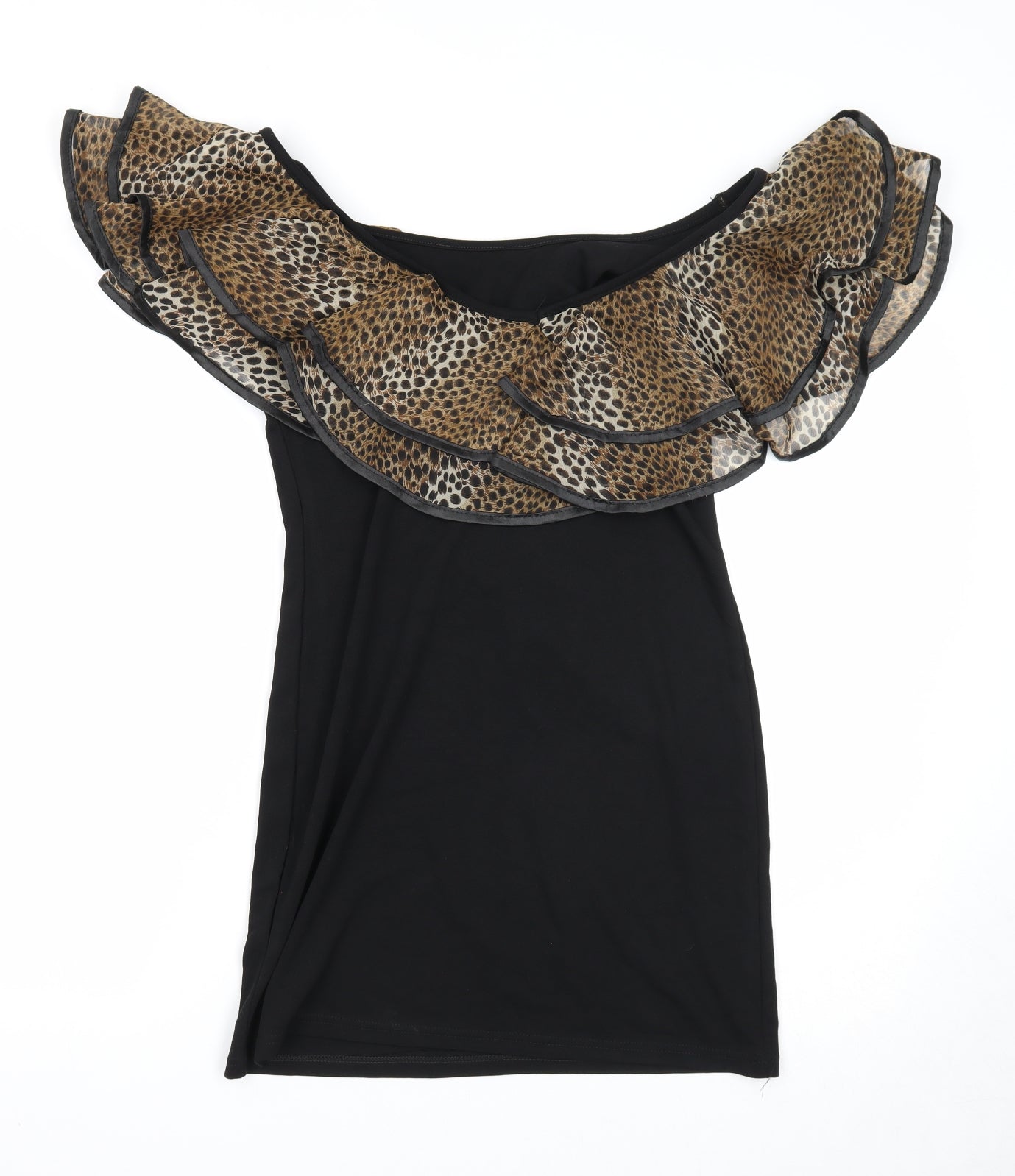 Cutie Womens Black Animal Print Viscose Bodycon Size M Off the Shoulder Pullover - Leopard Pattern