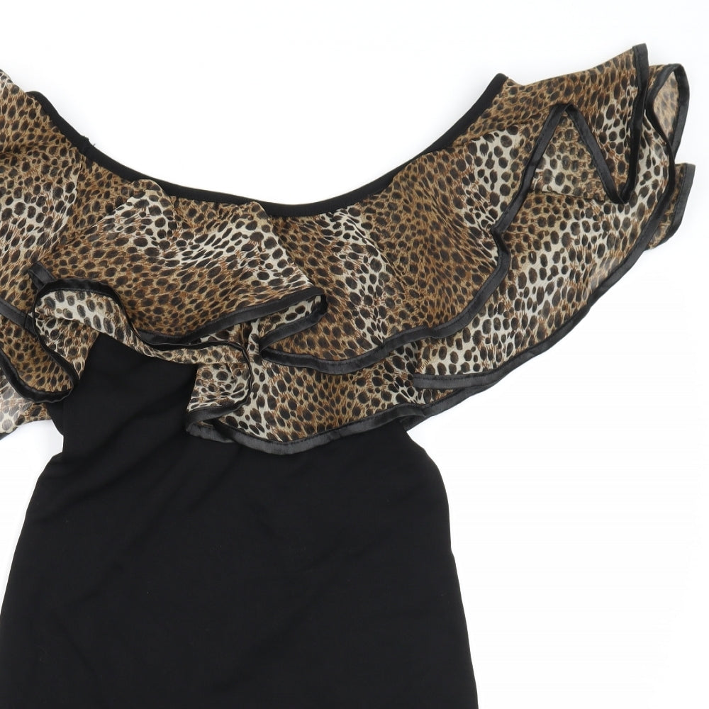 Cutie Womens Black Animal Print Viscose Bodycon Size M Off the Shoulder Pullover - Leopard Pattern