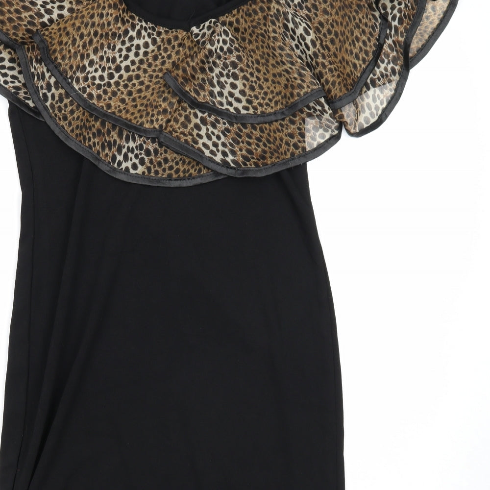 Cutie Womens Black Animal Print Viscose Bodycon Size M Off the Shoulder Pullover - Leopard Pattern