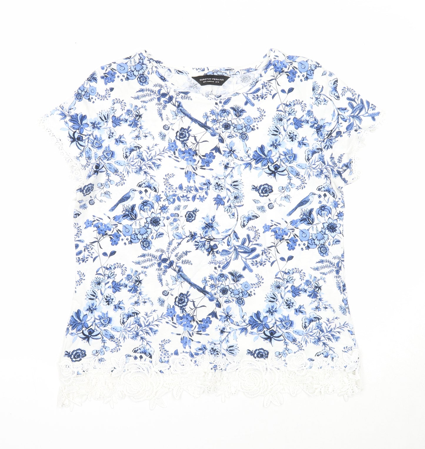 Dorothy Perkins Womens White Geometric Cotton Basic Blouse Size 14 Round Neck - Lace detail