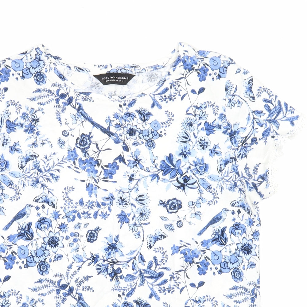 Dorothy Perkins Womens White Geometric Cotton Basic Blouse Size 14 Round Neck - Lace detail