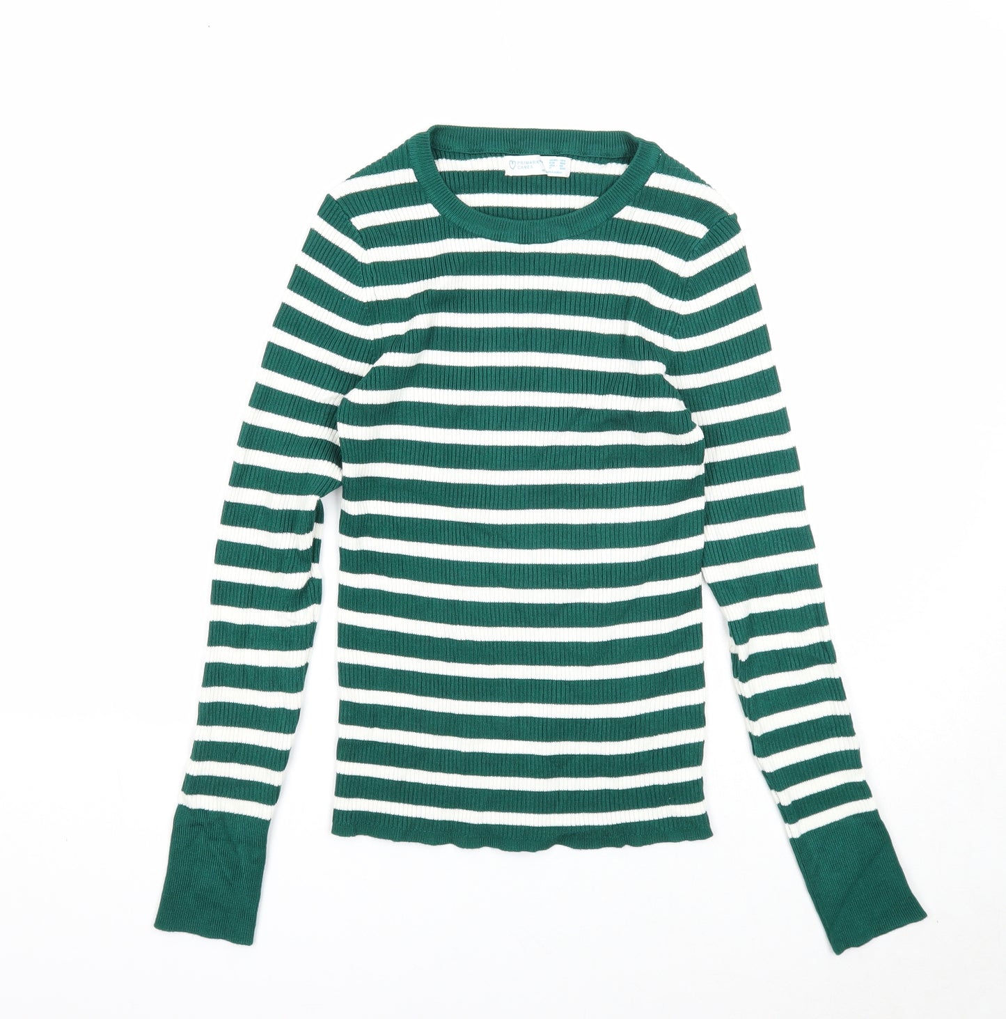 Primark Womens Green Round Neck Striped Acrylic Pullover Jumper Size 10 - Size 10-12