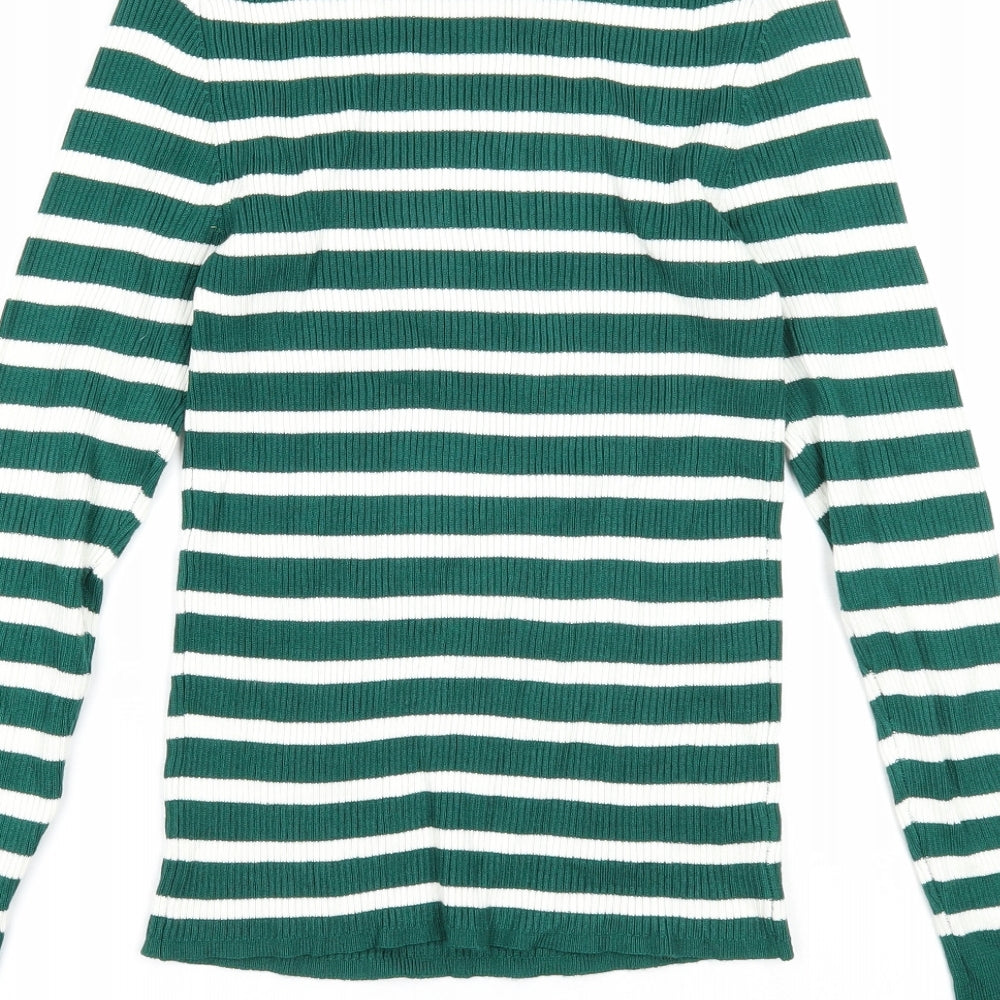 Primark Womens Green Round Neck Striped Acrylic Pullover Jumper Size 10 - Size 10-12