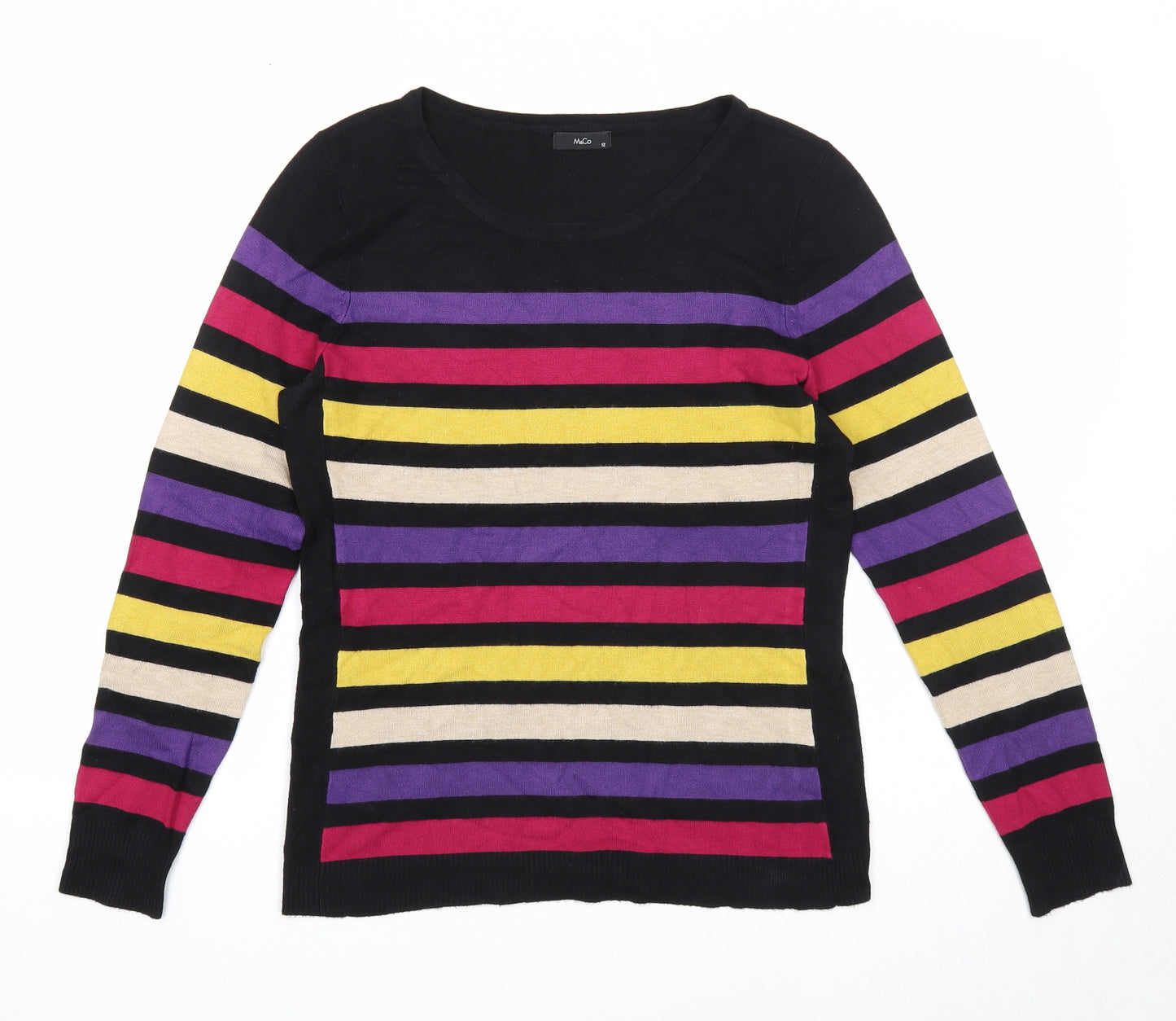 M&Co Womens Black Round Neck Striped Viscose Pullover Jumper Size 12