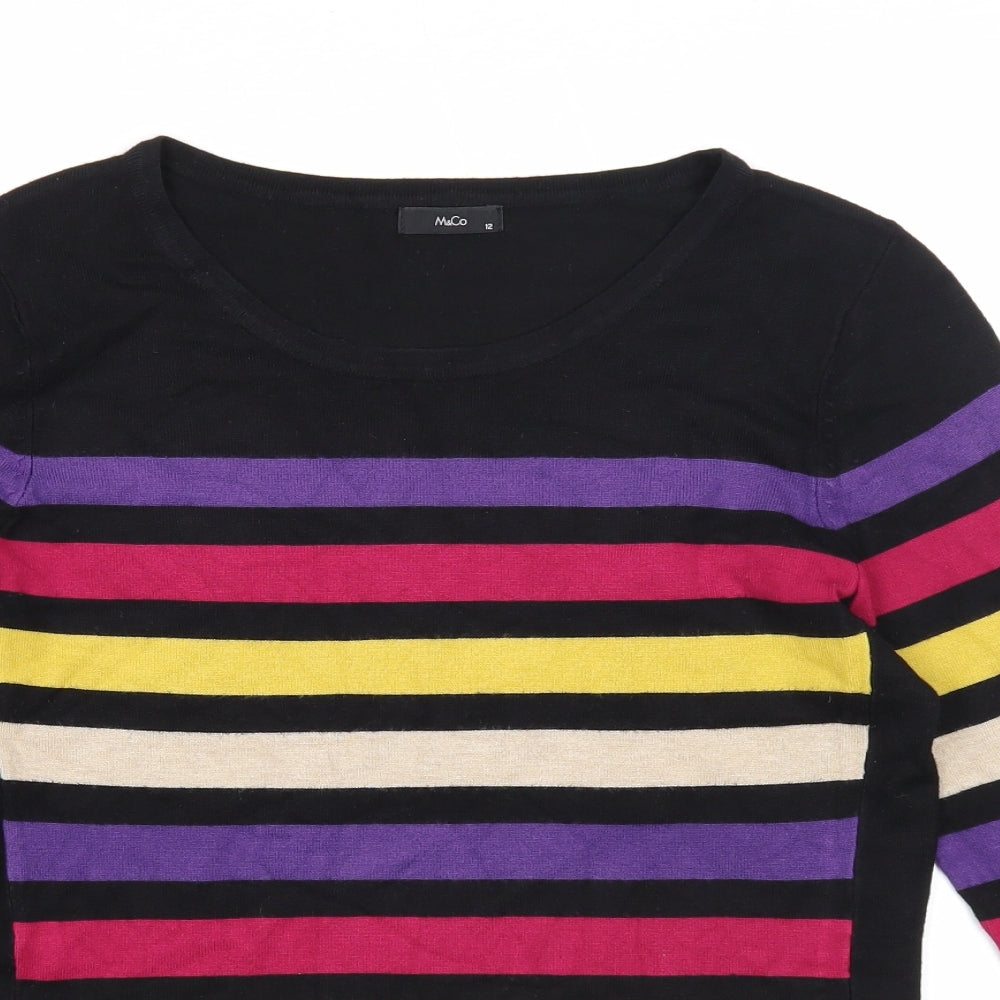 M&Co Womens Black Round Neck Striped Viscose Pullover Jumper Size 12