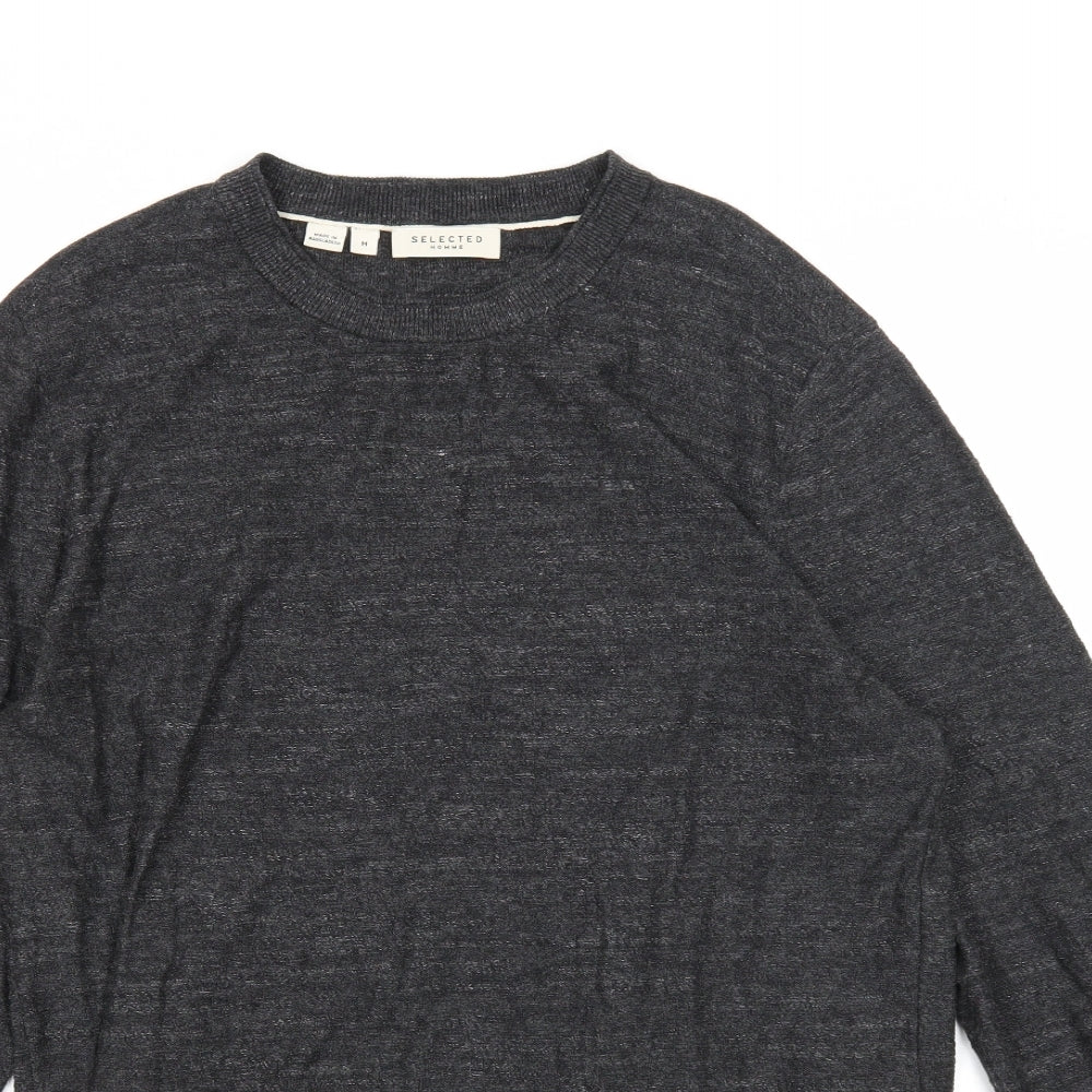 Selected Homme Mens Grey Round Neck Cotton Pullover Jumper Size M Long Sleeve