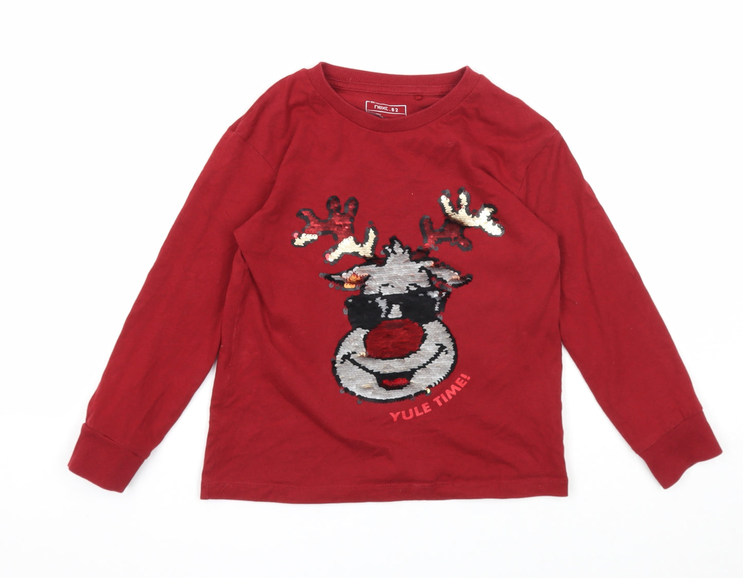 NEXT Girls Red Cotton Basic T-Shirt Size 6 Years Round Neck Pullover - Sequin Reindeer