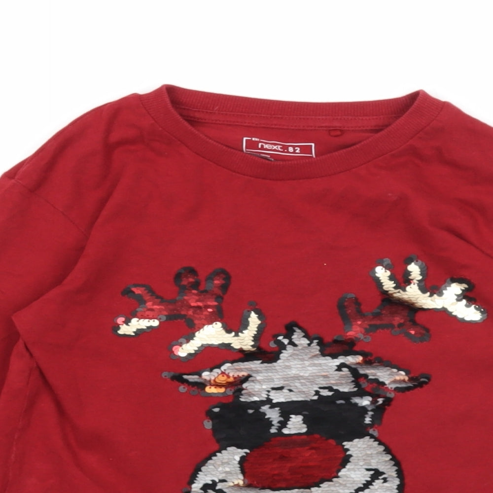 NEXT Girls Red Cotton Basic T-Shirt Size 6 Years Round Neck Pullover - Sequin Reindeer
