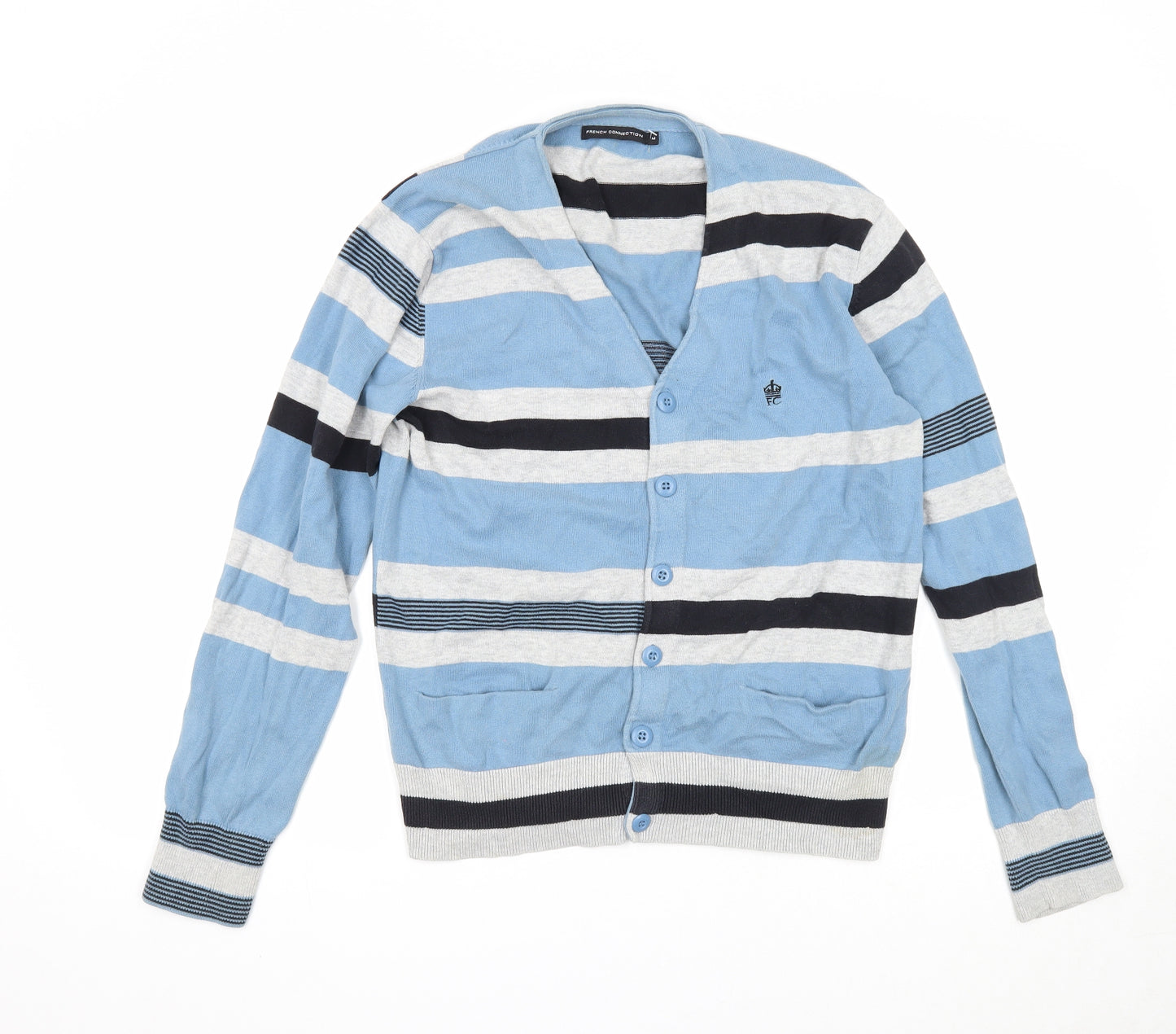 French Connection Mens Blue V-Neck Striped Cotton Cardigan Jumper Size M Long Sleeve