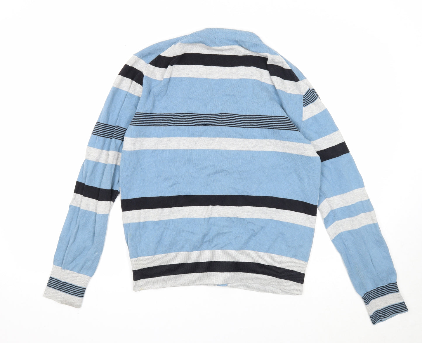 French Connection Mens Blue V-Neck Striped Cotton Cardigan Jumper Size M Long Sleeve