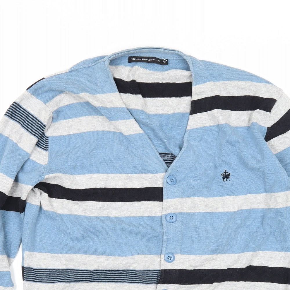 French Connection Mens Blue V-Neck Striped Cotton Cardigan Jumper Size M Long Sleeve