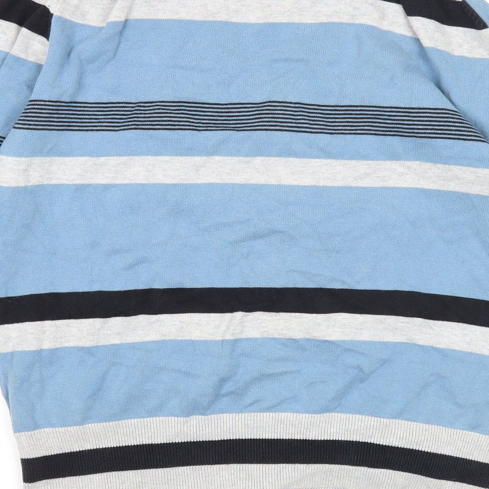 French Connection Mens Blue V-Neck Striped Cotton Cardigan Jumper Size M Long Sleeve