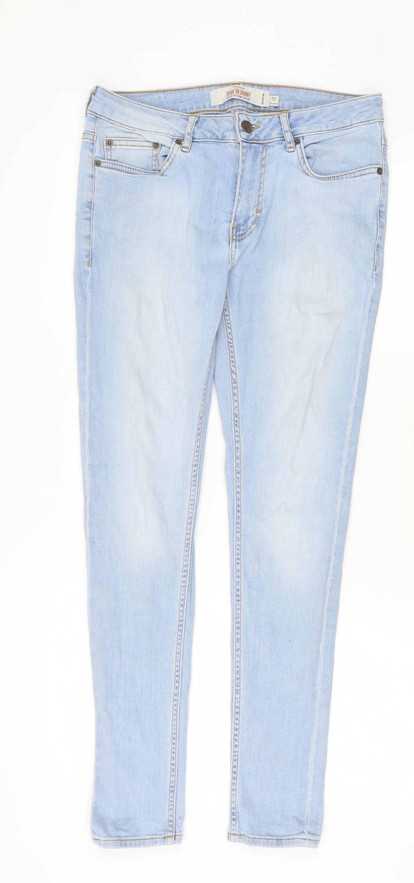 Topman Mens Blue Cotton Skinny Jeans Size 30 in Slim Zip
