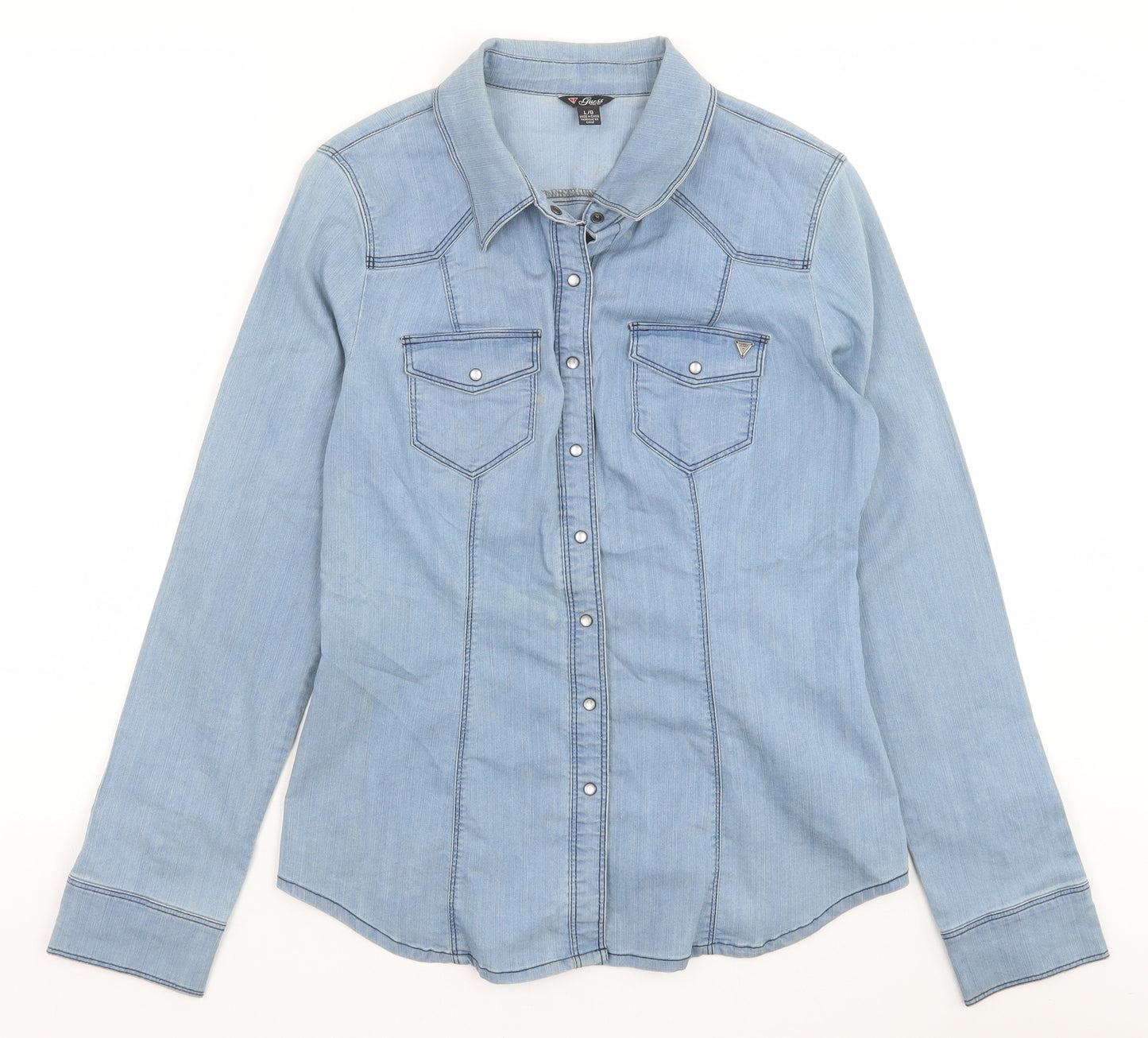 GUESS Womens Blue 100% Cotton Basic Button-Up Size L Collared