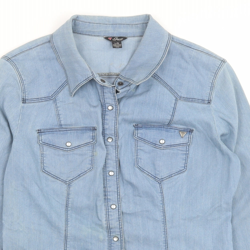 GUESS Womens Blue 100% Cotton Basic Button-Up Size L Collared